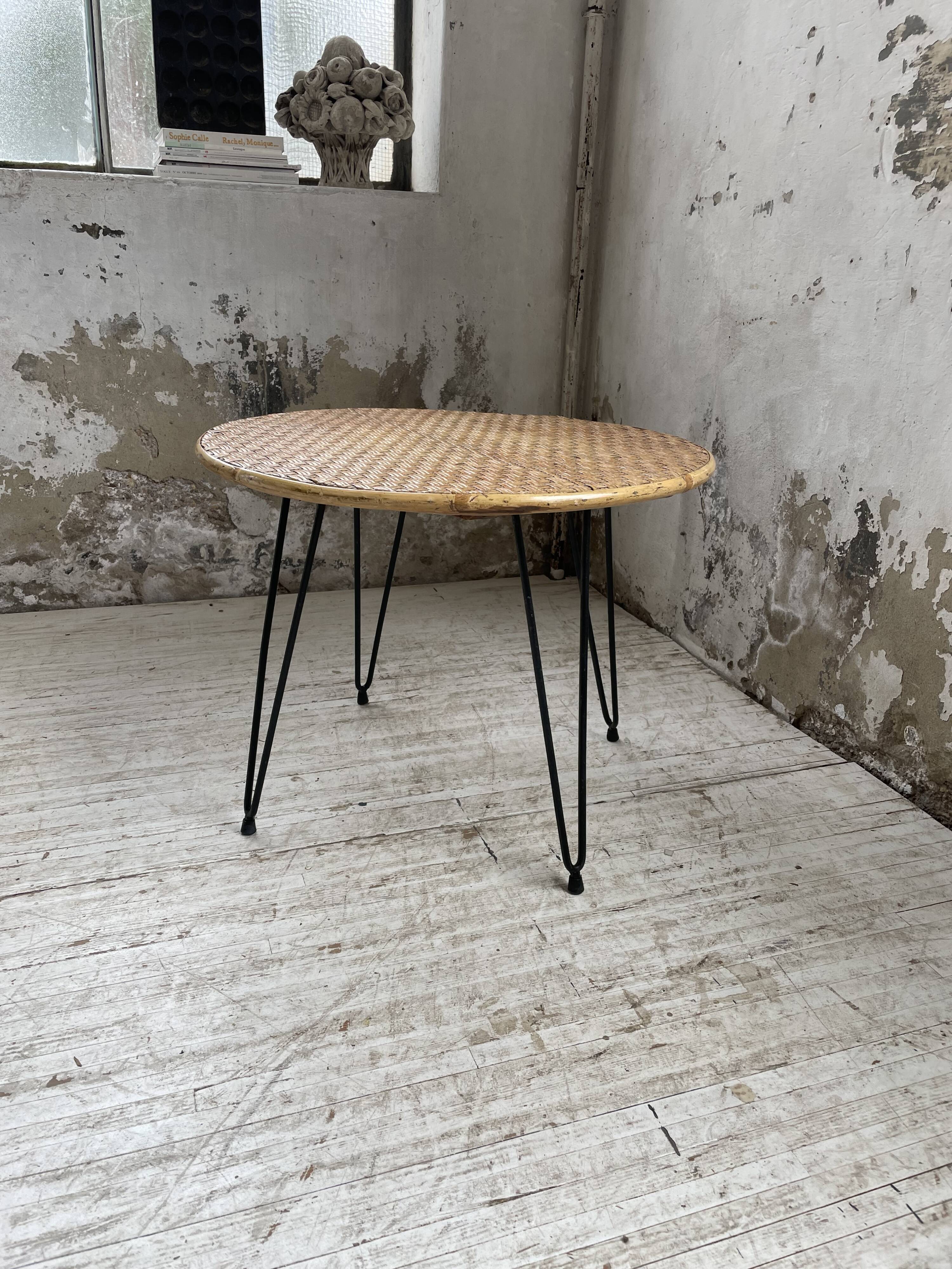 Wicker and metal coffee table from the 1950s