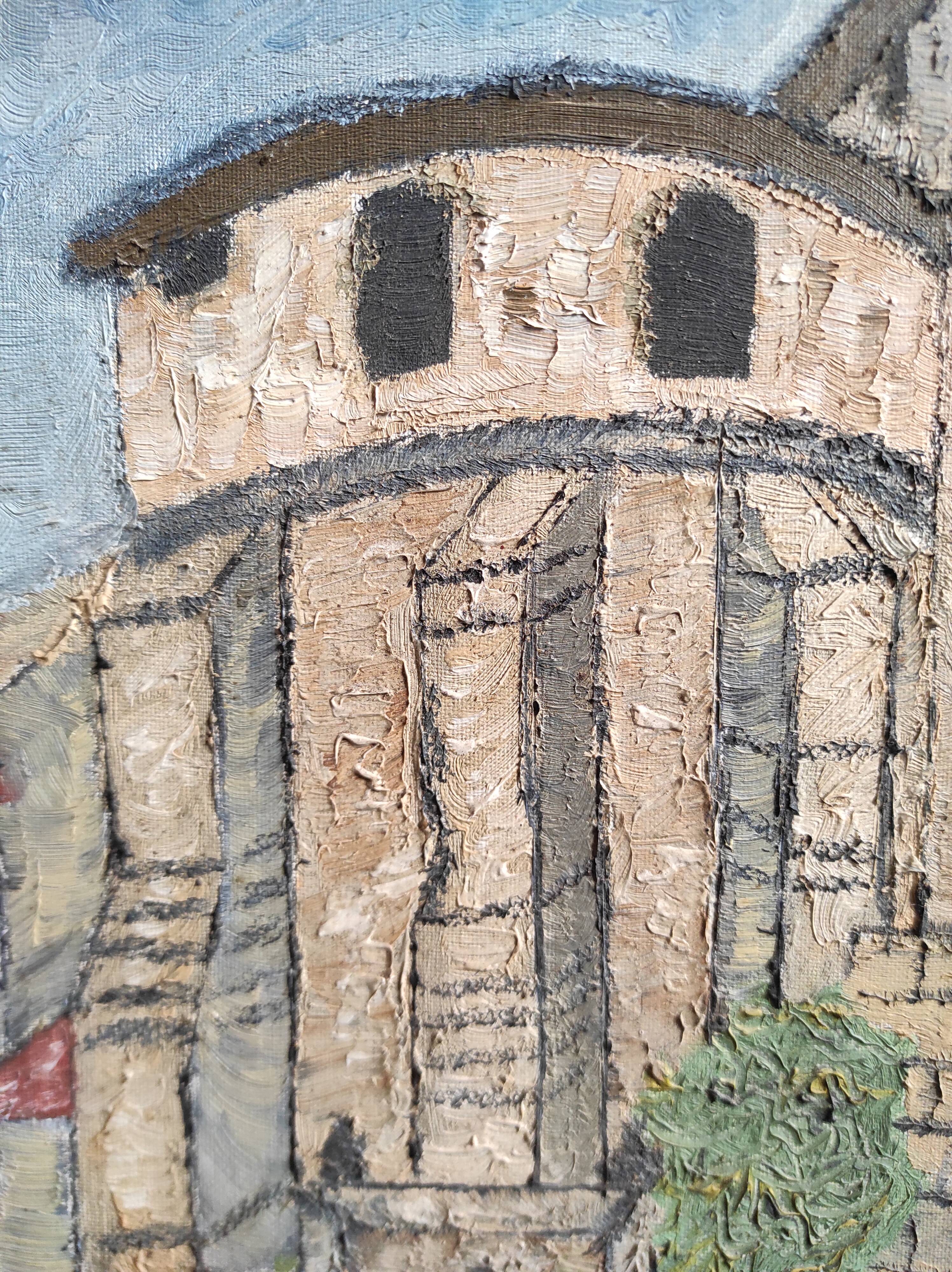 Vintage French oil painting, signed B, Roquefort de Landes church