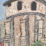 Peinture à l'huile ancienne française, signée B, église de Roquefort de Landes