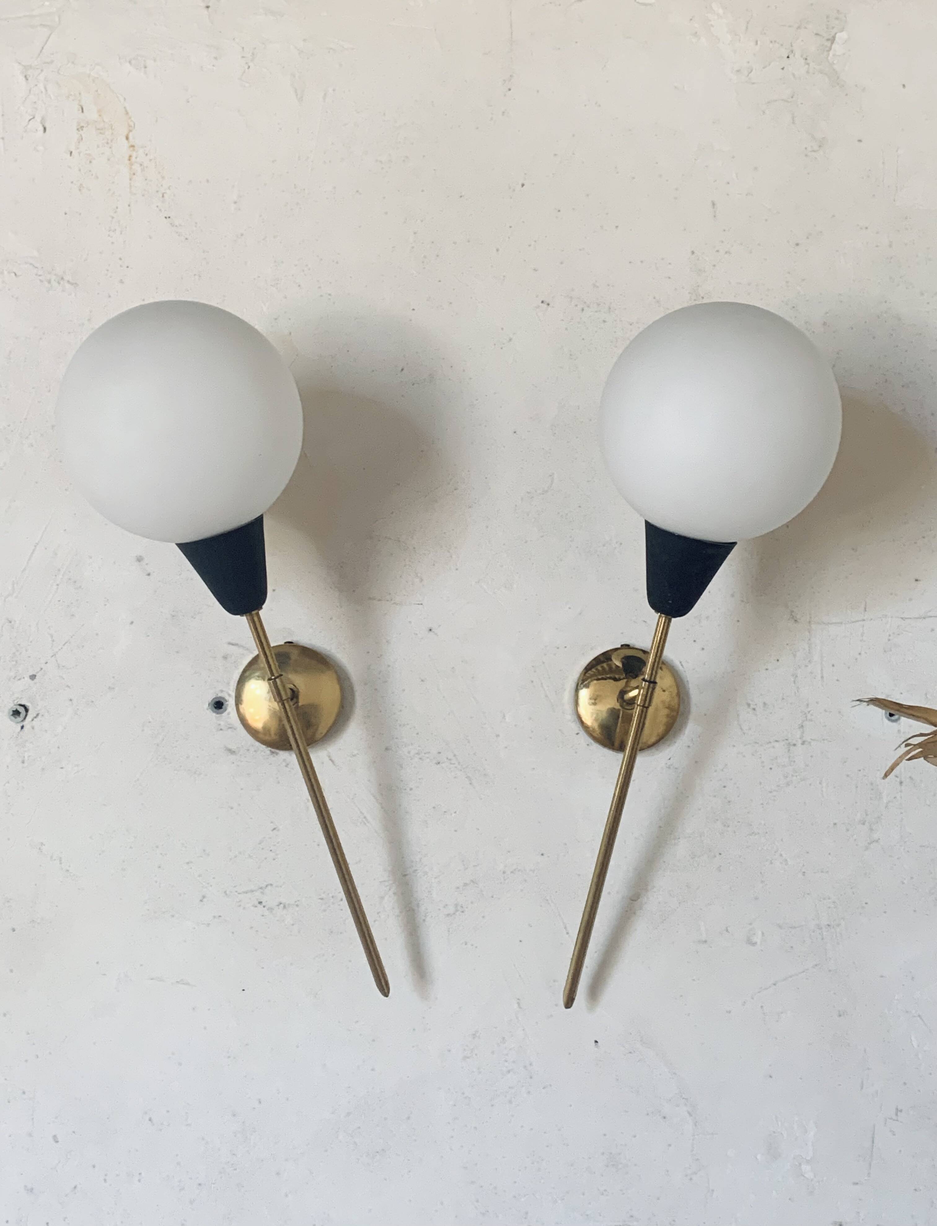 Pair of vintage brass and opaline wall lights