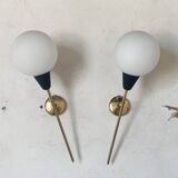 Pair of vintage brass and opaline wall lights
