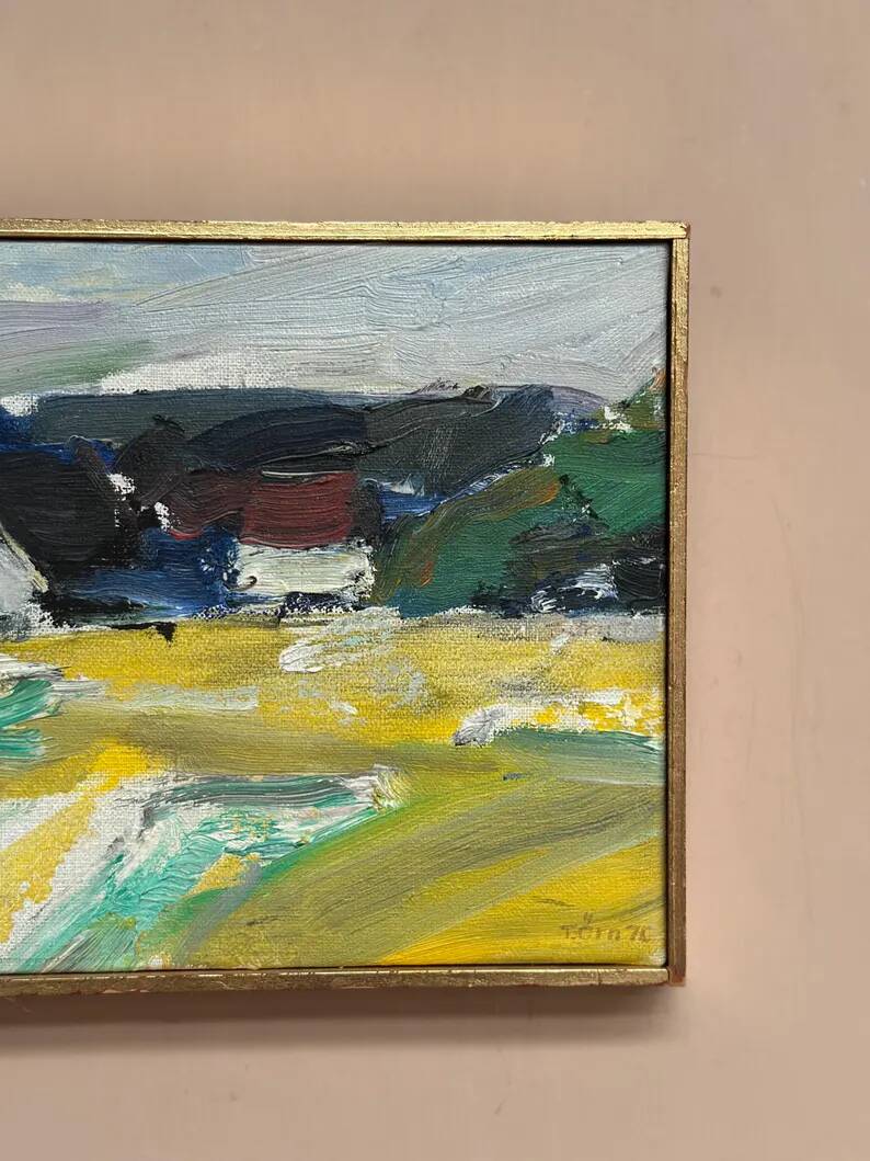 Original Swedish Oil on Canvas – “Houses” by T. Örn 1970 – Vintage & Framed