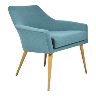 Fauteuil vintage Shell, tissu turquoise, années 1960, restauré