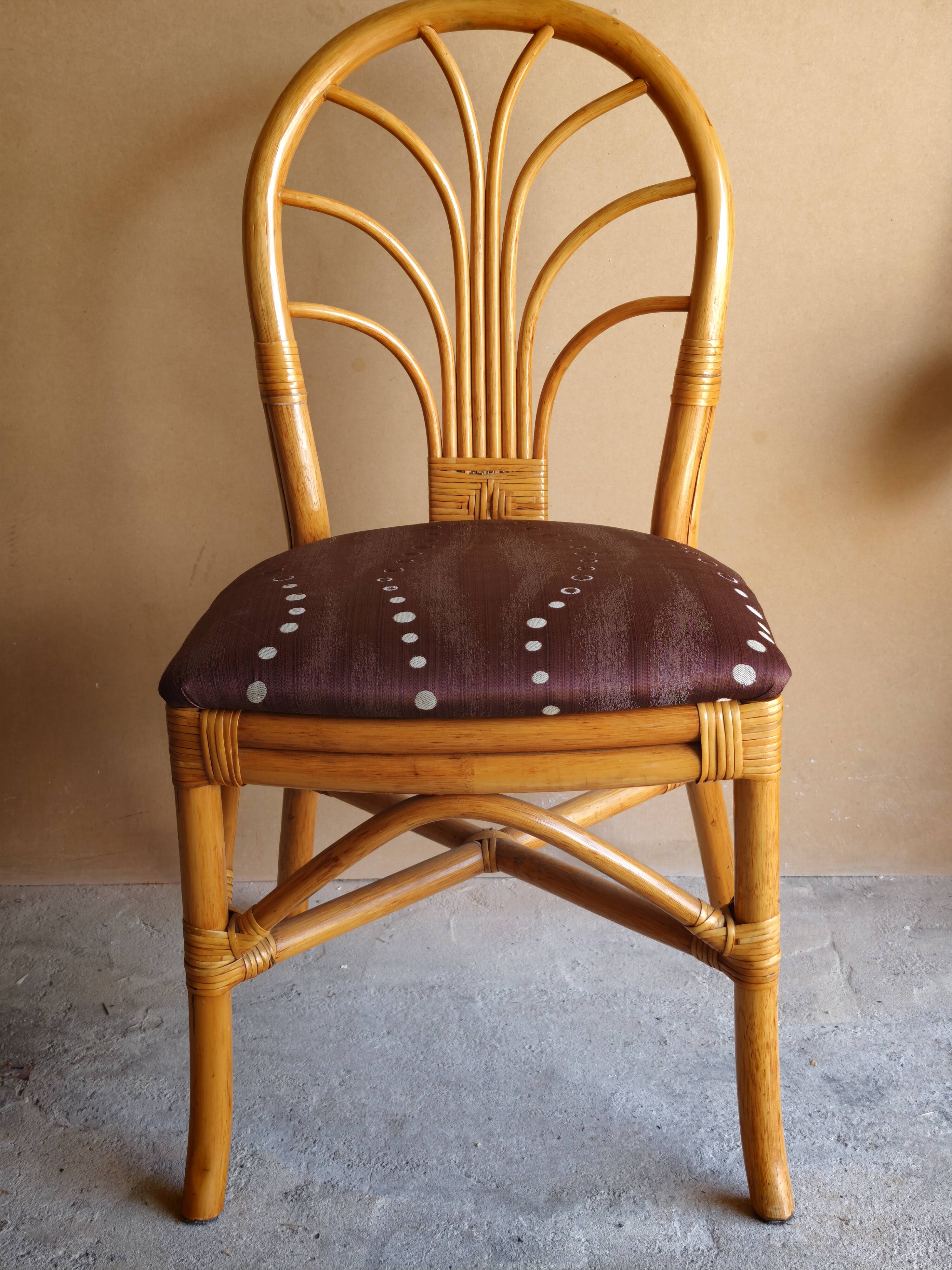 Set of 4 rattan and bamboo chairs, "fan" backrest, vintage 70s.