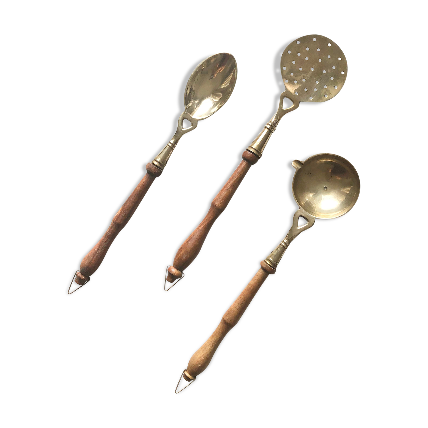 Set of 3 vintage wooden and brass kitchen utensils