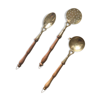Ensemble de 3 ustensiles de cuisine vintage en bois et laiton