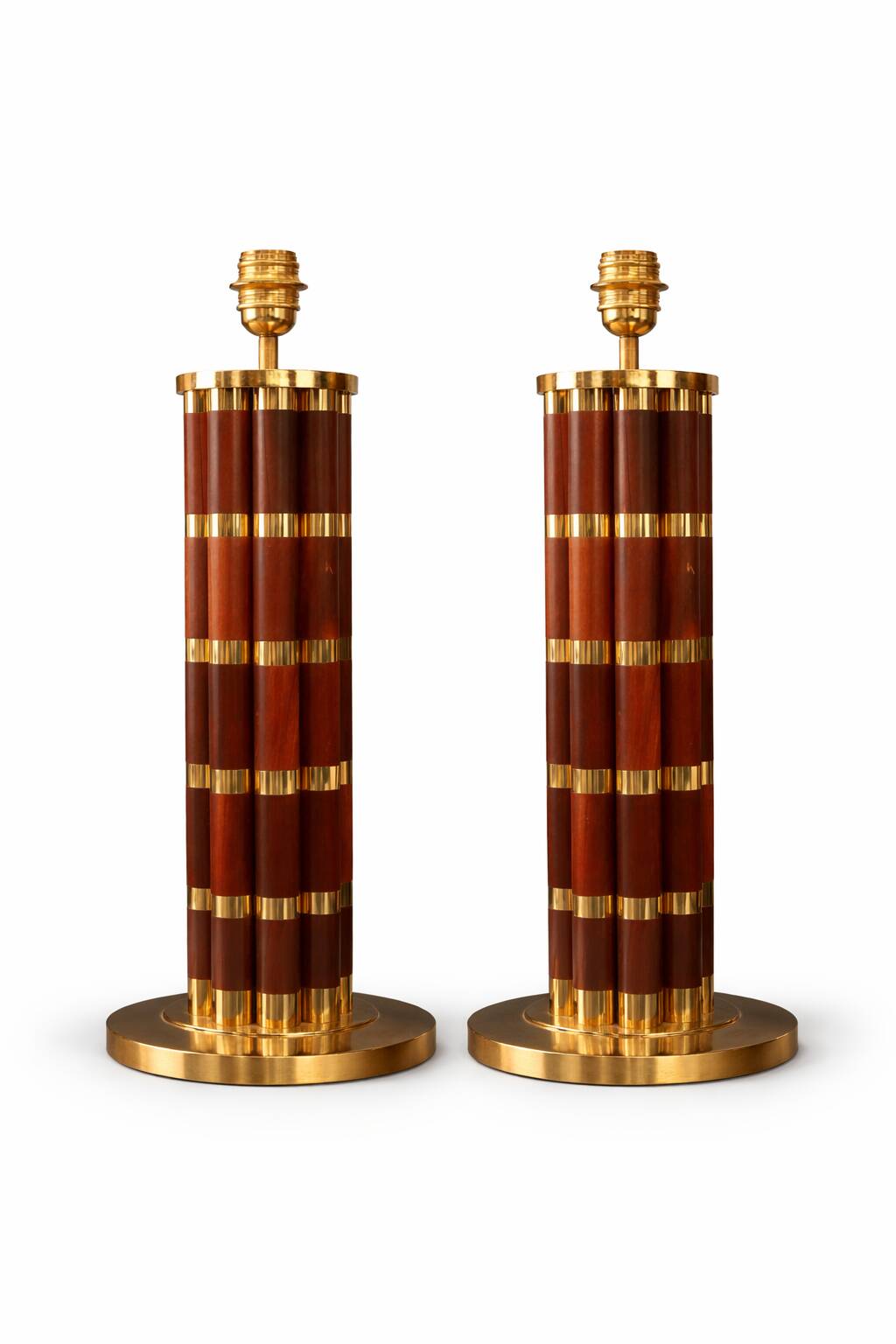 Pair of wooden and brass table lamps, French classic style.