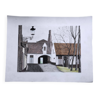 Dessin original stylo crayon architecture Bruges "MTC" ou "Marie-Thérèse C.