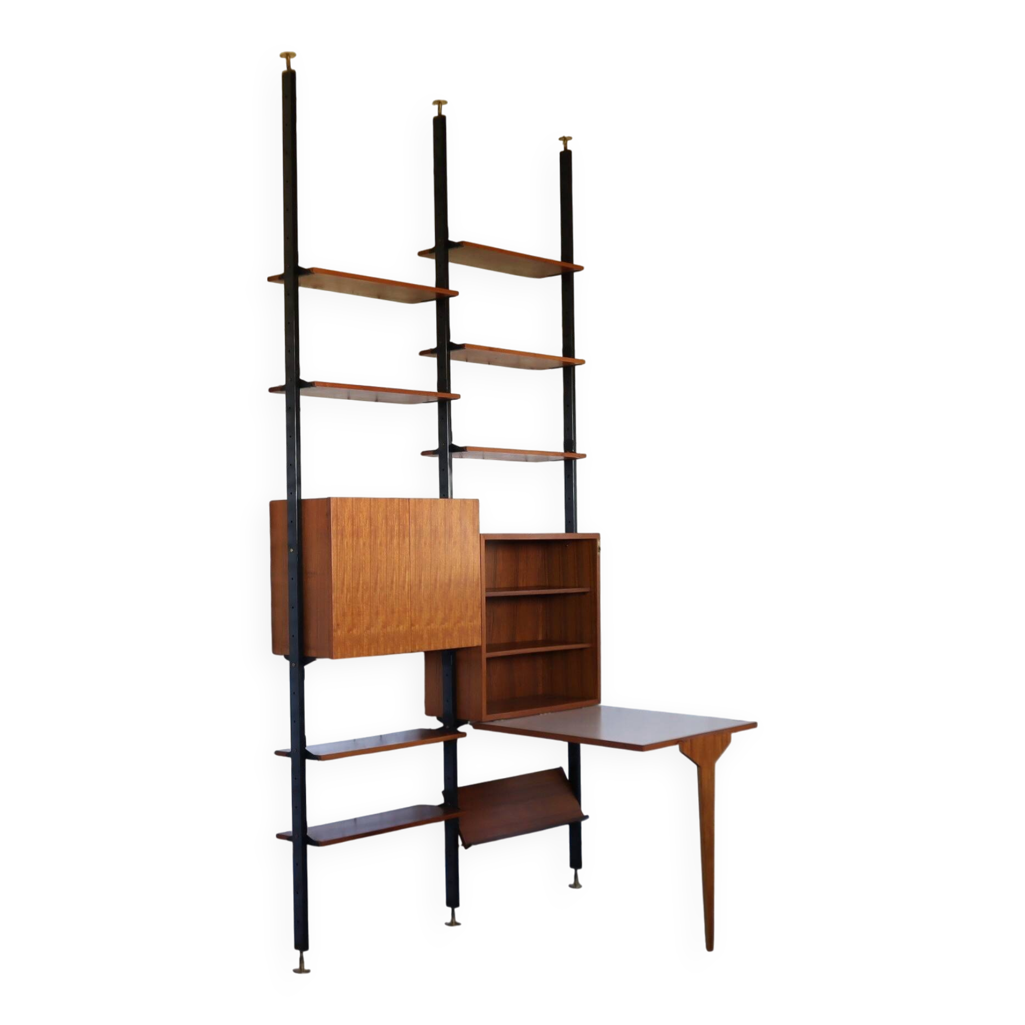 1950s mid-century wall unit teak and iron folding desk & cabinet module