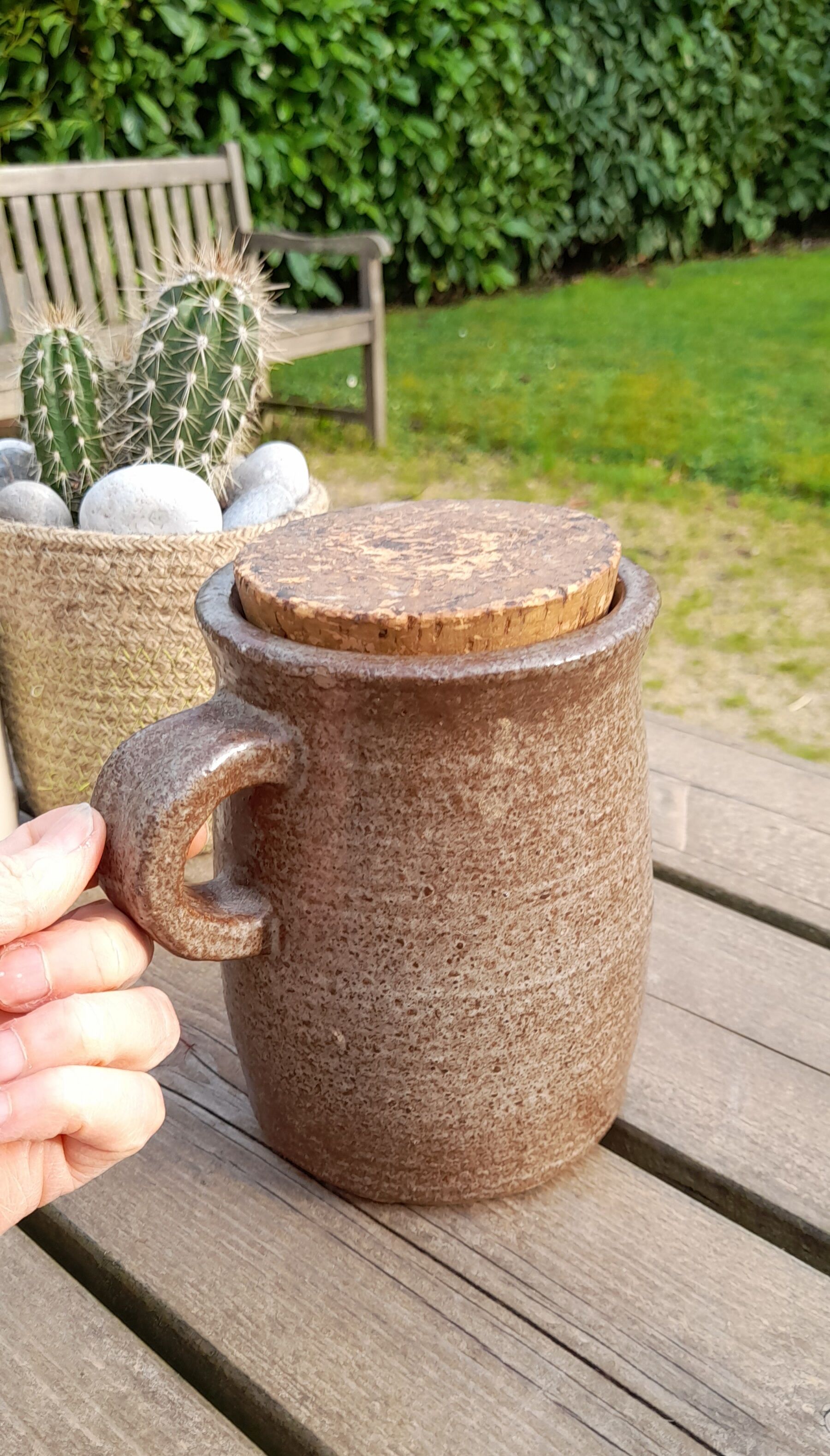 Old condiment pot in glazed pyrity sandstone, with cork lid, mid century