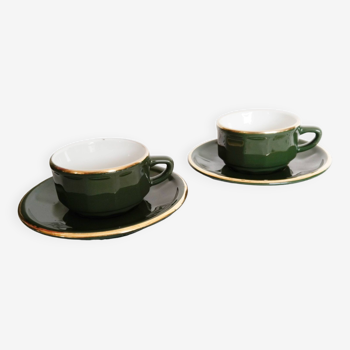 Bistro coffee cups and saucers, green and gold, Apilco