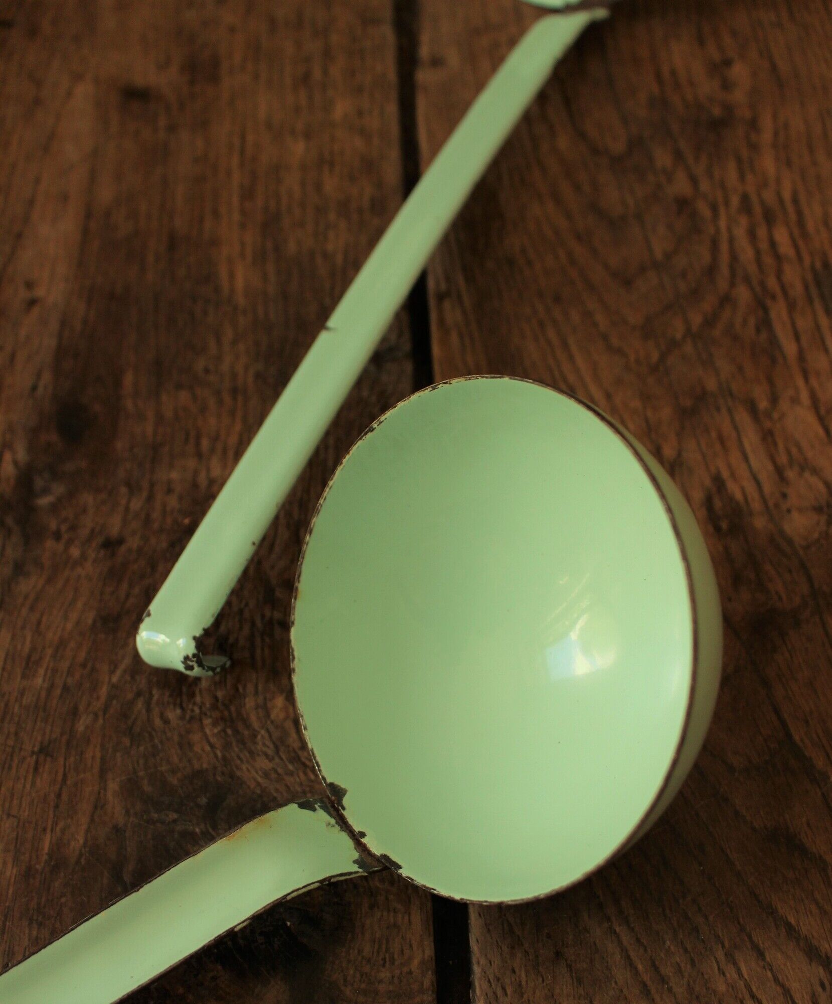 A skimmer and a ladle to hang Vintage mint enamelled sheet metal