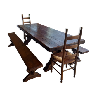 Table monastère ancienne avec 2 bancs et 2 chaises