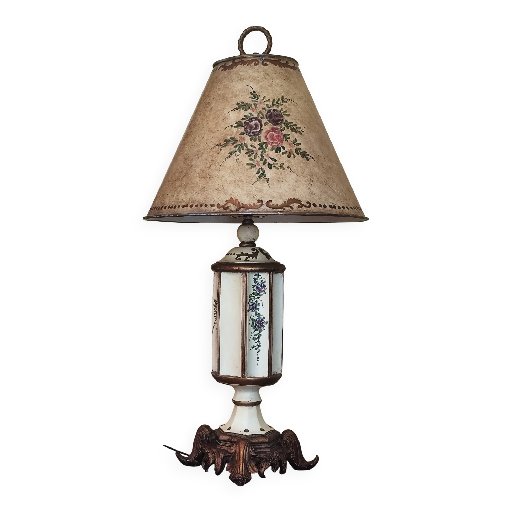 Large pagoda lamp painted with floral patterns and metal shade.