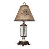 Large pagoda lamp painted with floral patterns and metal shade.