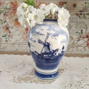 Delfts Blue FG vase Dutch landscape on one side and floral decoration on the other