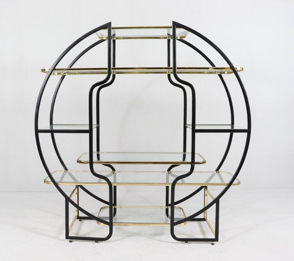 Sculptural Circular Étagère in Blackened Steel, Gold-Plated Metal and Glass