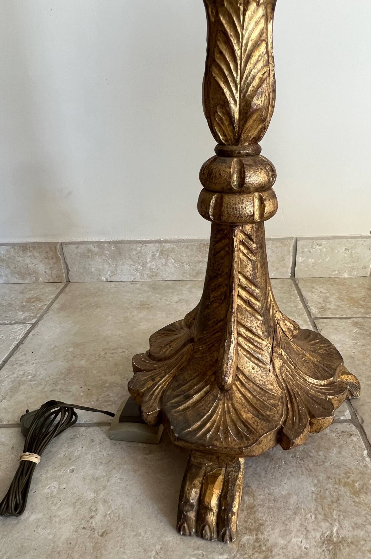 Late 19th century Art Nouveau wooden and gilded stucco floor lamp with fabric lampshade
