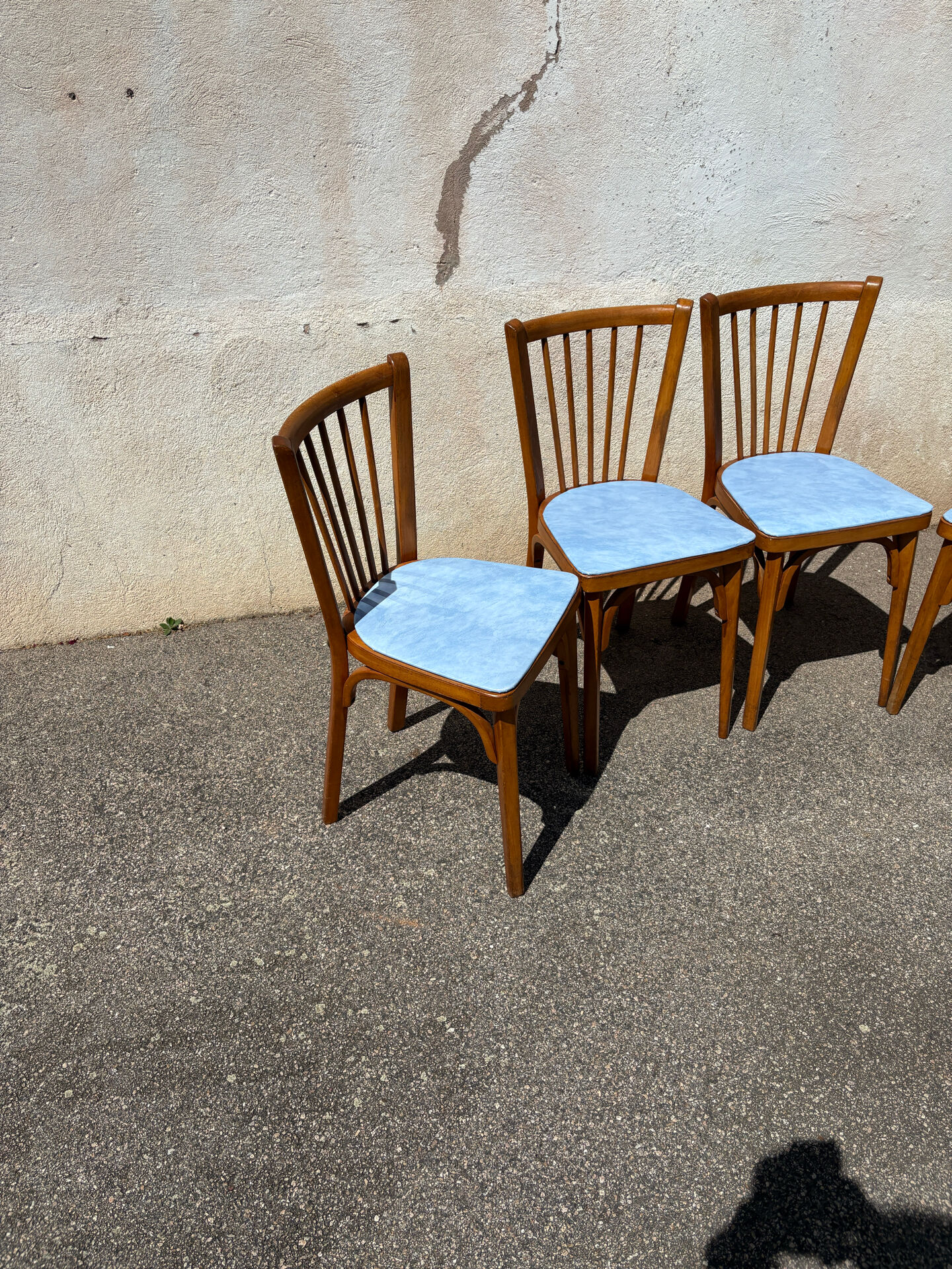 4 blue Baumann bistro chairs