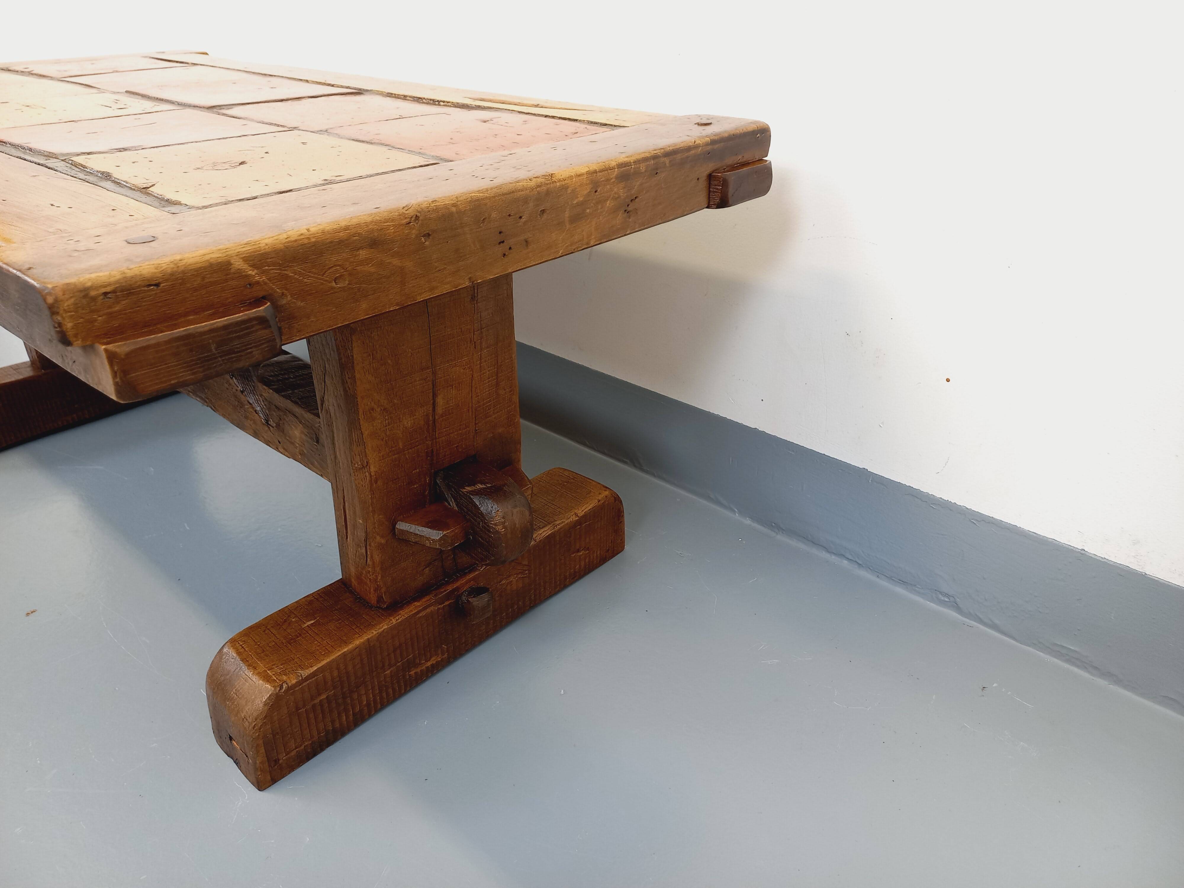 Vintage Brutalist Rustic Rectangular Coffee Table in Solid Oak and Ceramic from the 60s 70s