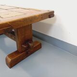 Vintage Brutalist Rustic Rectangular Coffee Table in Solid Oak and Ceramic from the 60s 70s