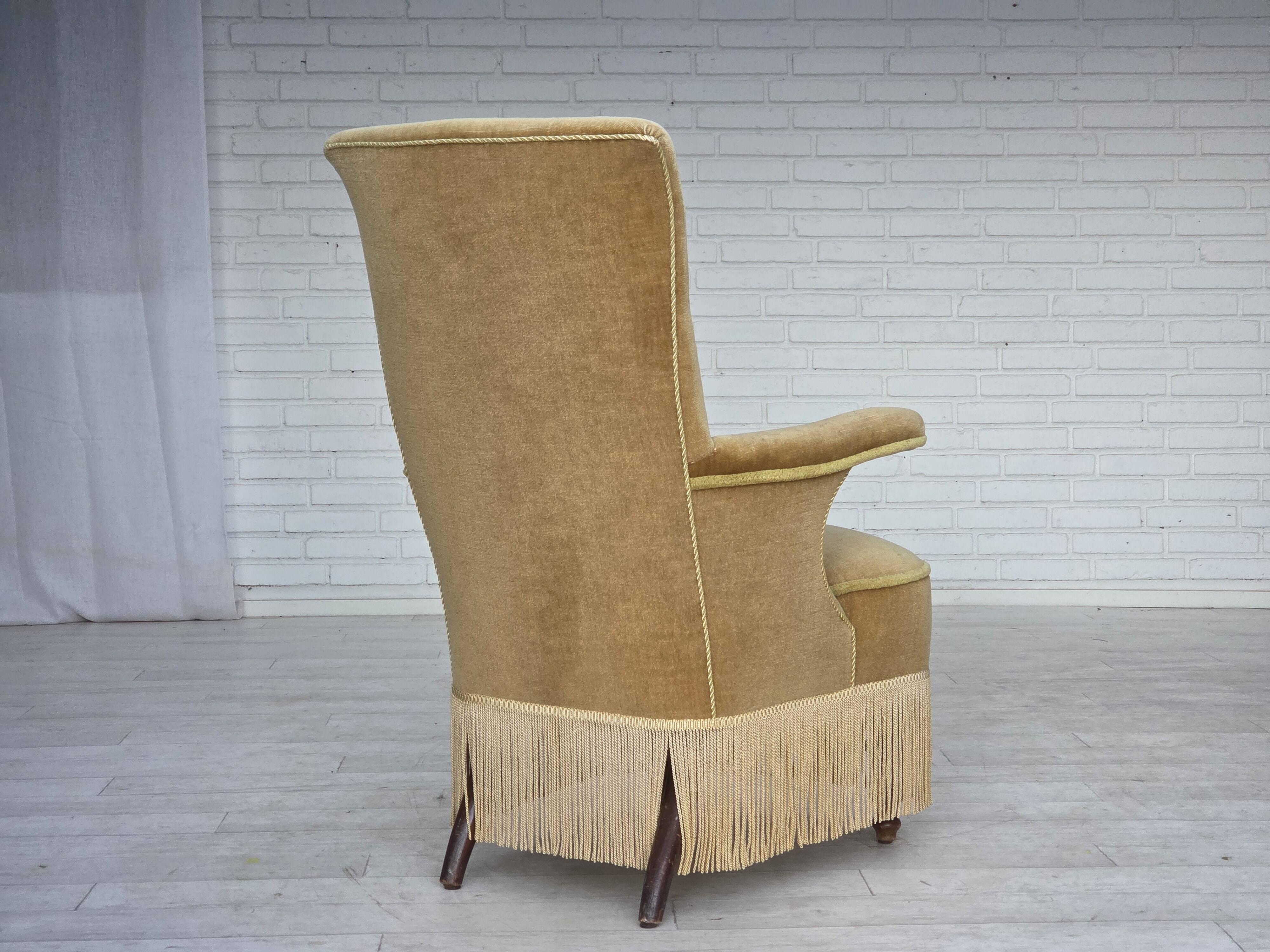 1950s, Danish armchair, furniture velour, ash wood legs.