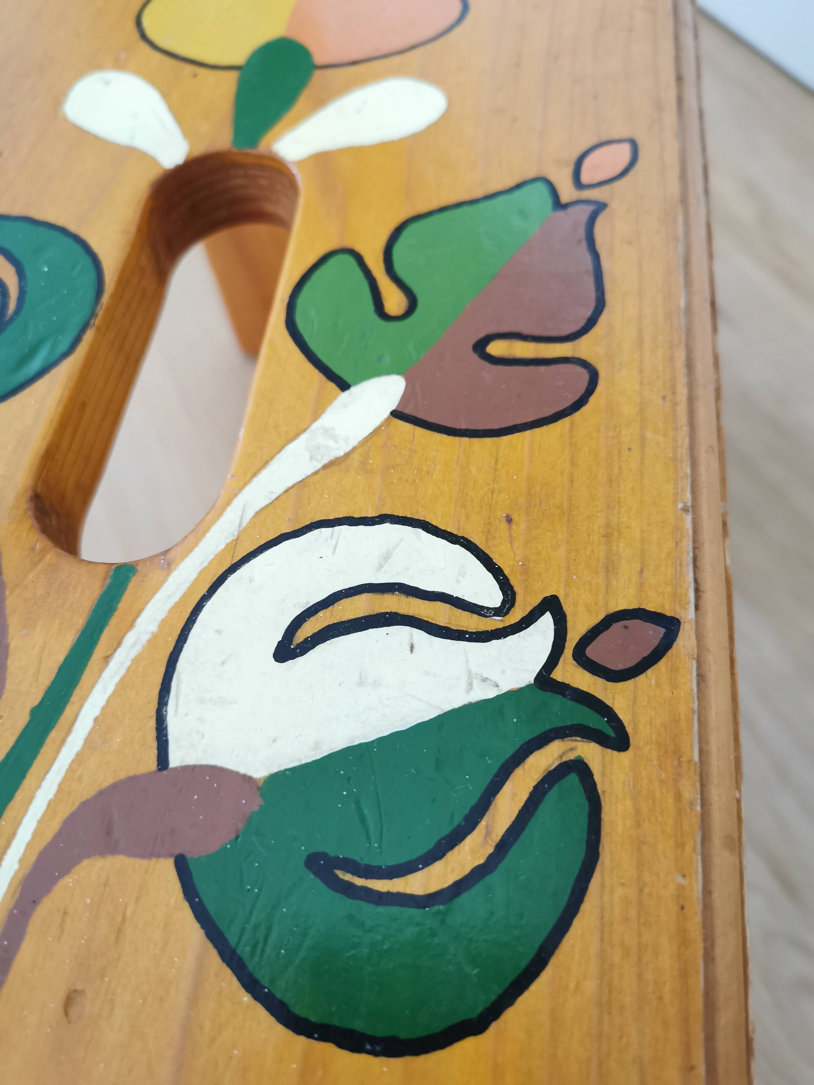 Vintage Hand-Painted Wooden Footstool: Yugoslavian Folk Art Decor