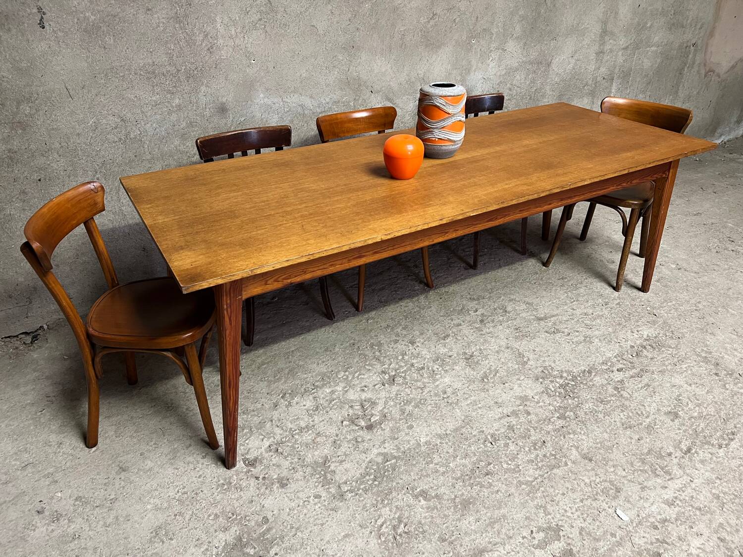 Vintage oak farm table with compass legs, 1950s