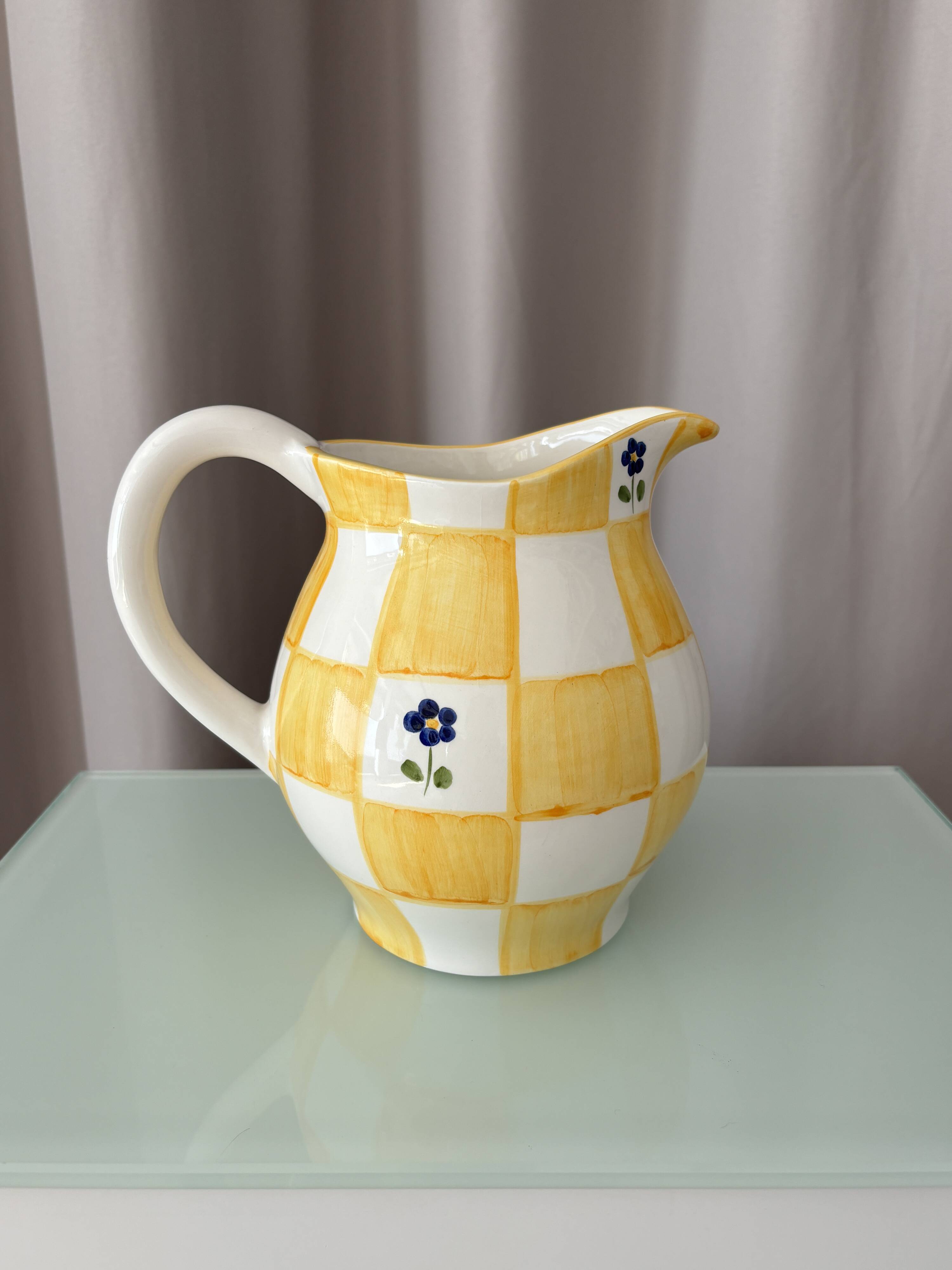 Cottagecore hand-painted ceramic jug – yellow check & blue flowers