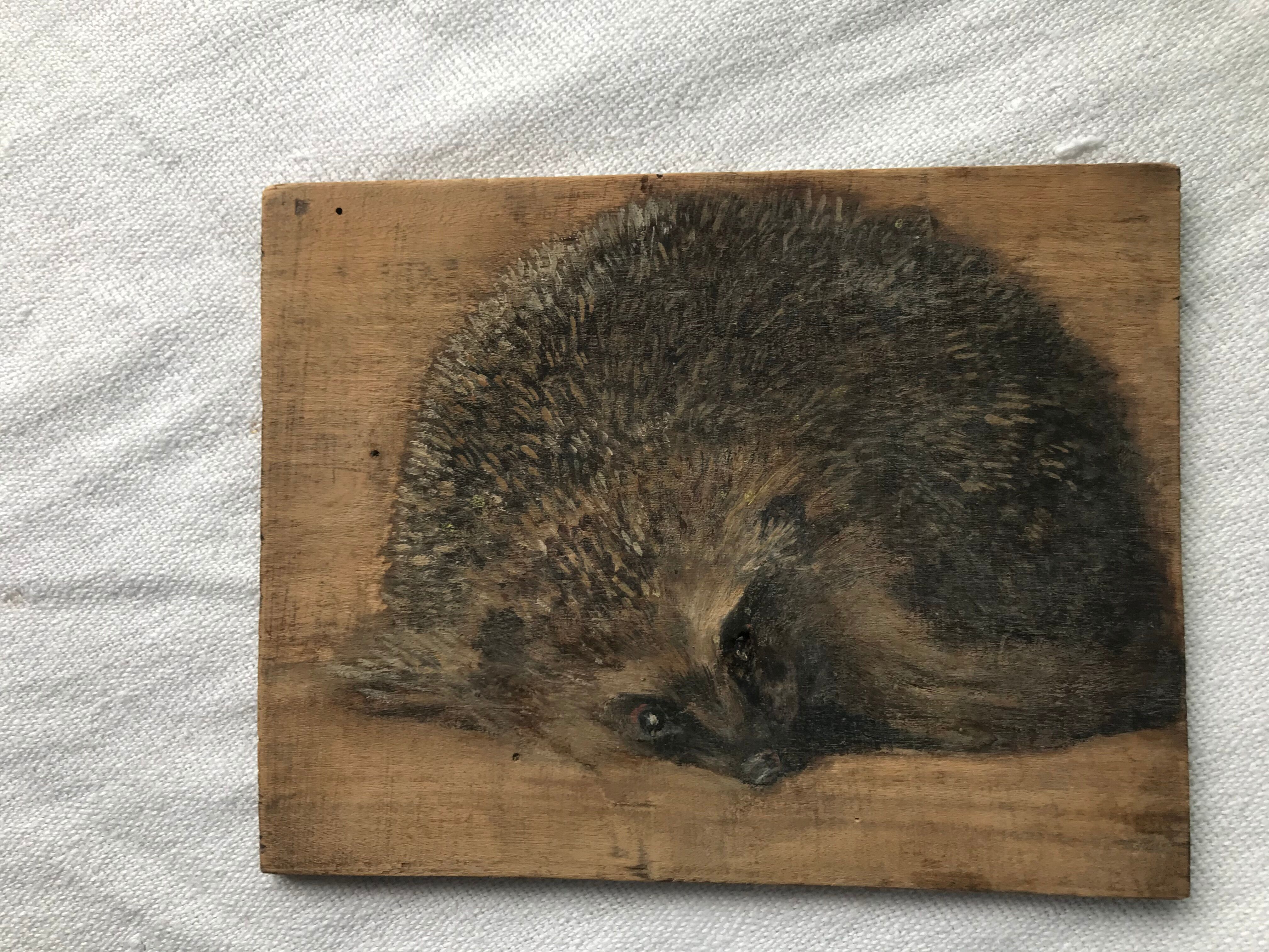 Oil on wood cherries and hedgehog small format painted double-sided