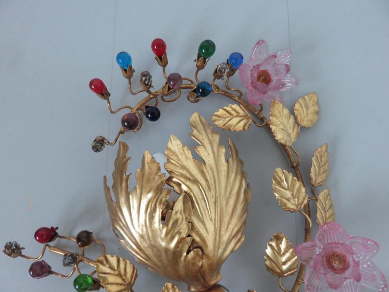 Wall light flower Hans Kogl in gold metal and pearls 70s