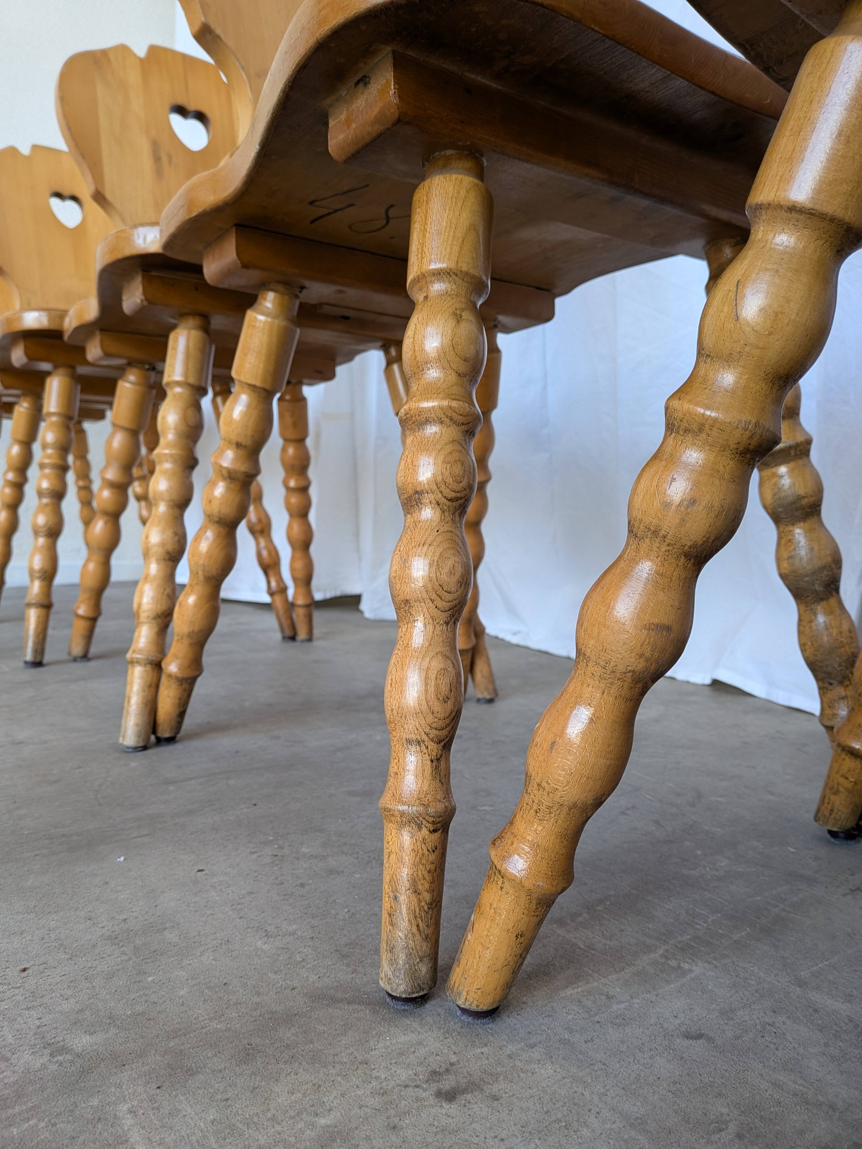 Set of 6 Vintage Tyrolean Heart Cutout Wooden Dining Chairs, Farmhouse