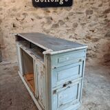 Antique oak counter with zinc top and blue patina