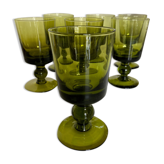 Set de 7 verres néo classiques 1970 en verre kaki