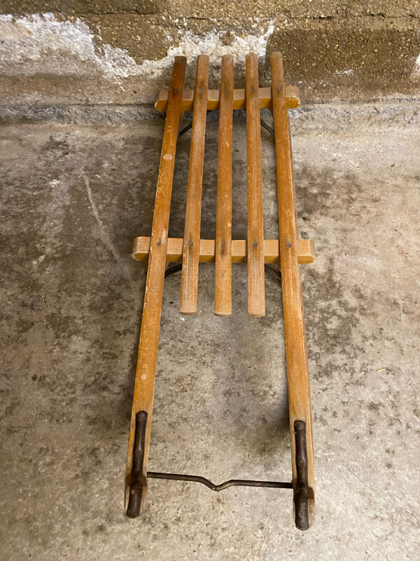 Luge ancienne Davos en bois & lames metal sport hiver vintage