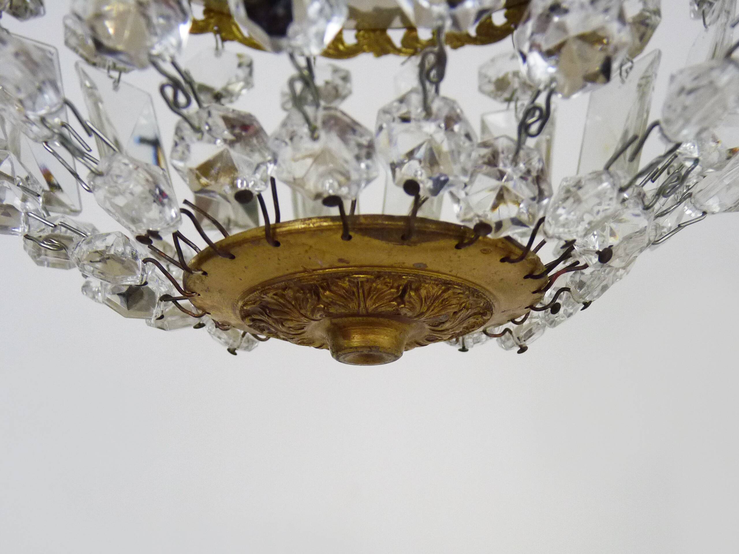 Old crown ceiling light, half basket with glass pendants. louis xvi style