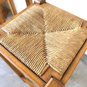 Pair of high stools in solid wood and woven straw Brutalist Style