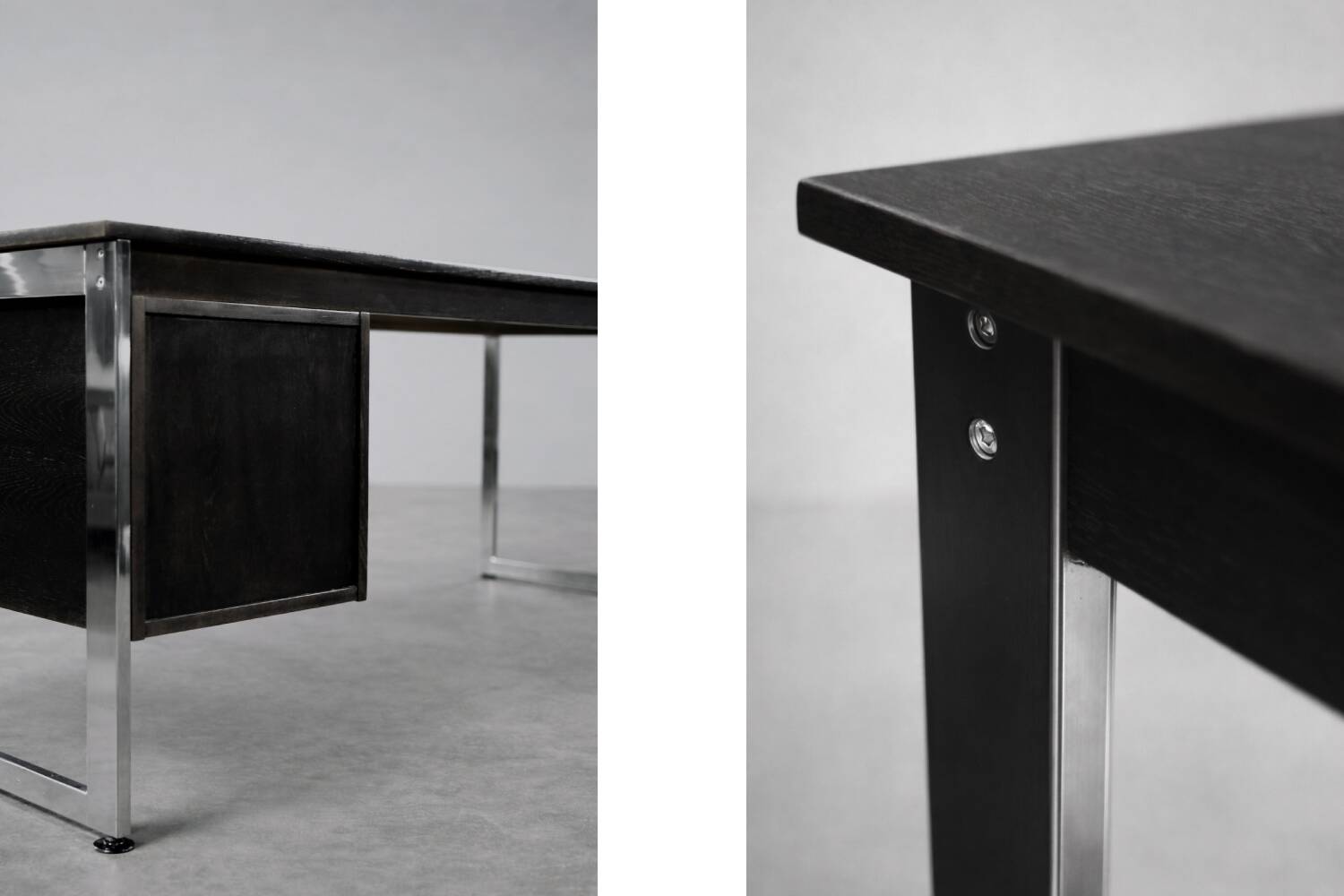 Vintage Mid-Century Danish Modern Minimalist Black Oak Desk with Chrome Base
