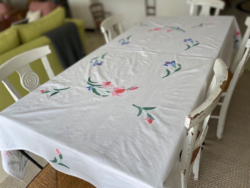 Nappe vintage 80's avec fleurs en appliqué - coton - 150x200 cm