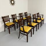 Lot de 8 anciennes chaises fauteuils de bistrot en bois et simili jaune 80’