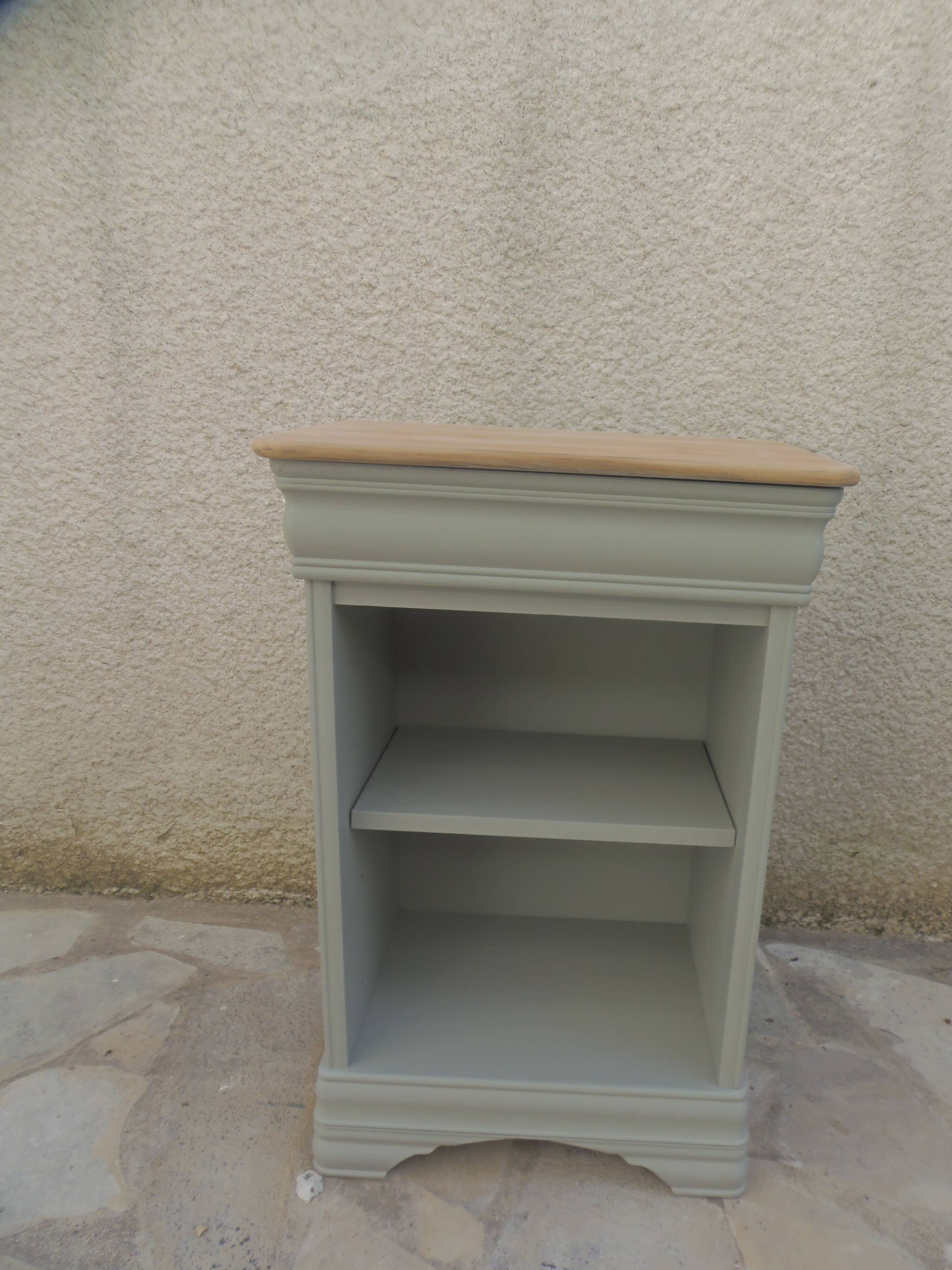 2 Louis Philippe style bedside tables reimagined in grey-green, wooden top.