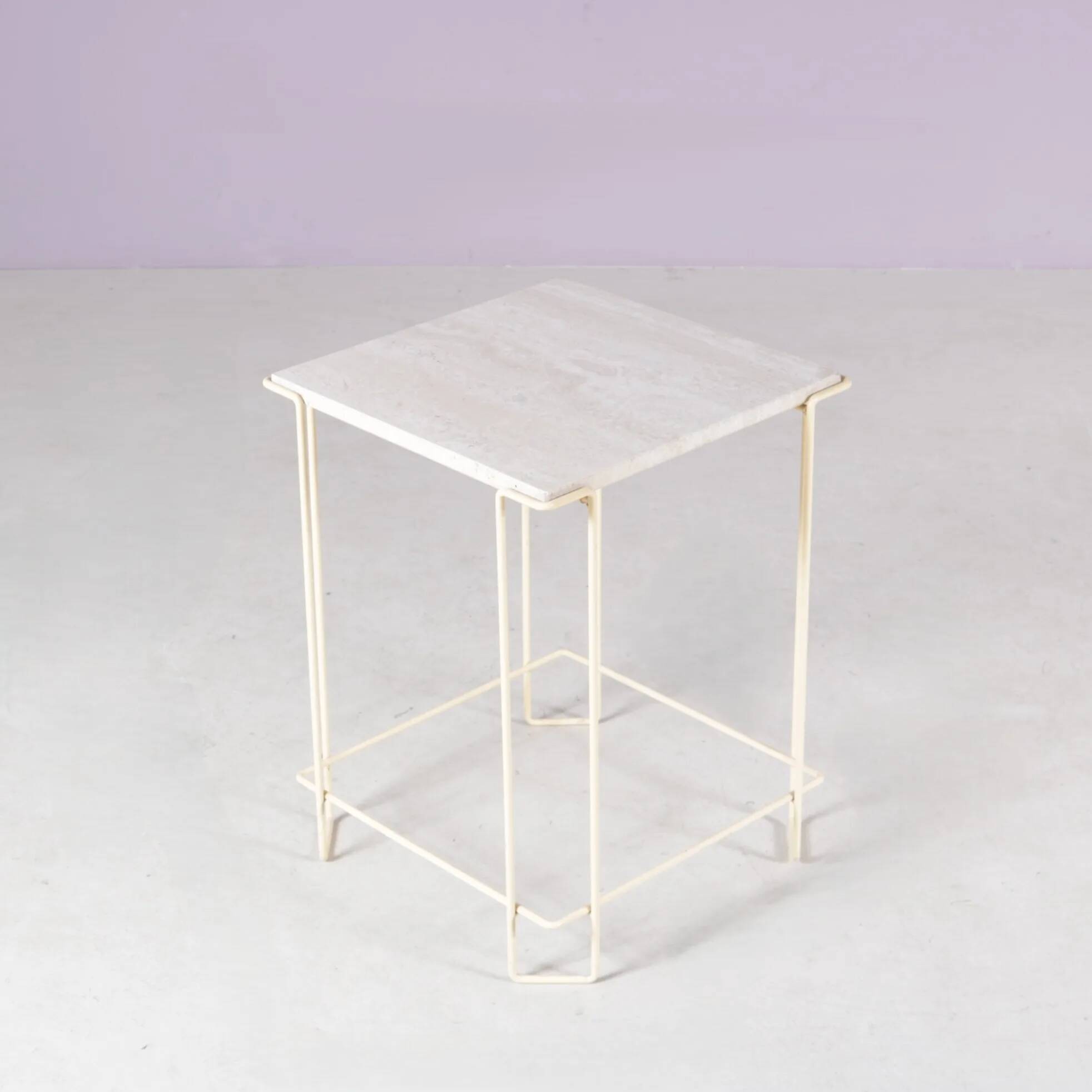 1980s side table beige metal frame with travertine top in the style of Max Sauze