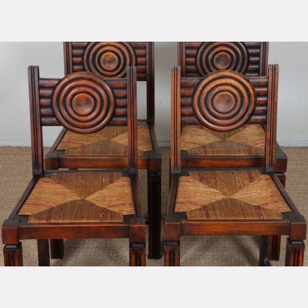 Set of 6 straw-seated solid wood chairs, French craftsmanship, 1940.