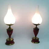 Vintage Pair of Red Varnished Metal, Brass and Glass Table Lamps, Italy