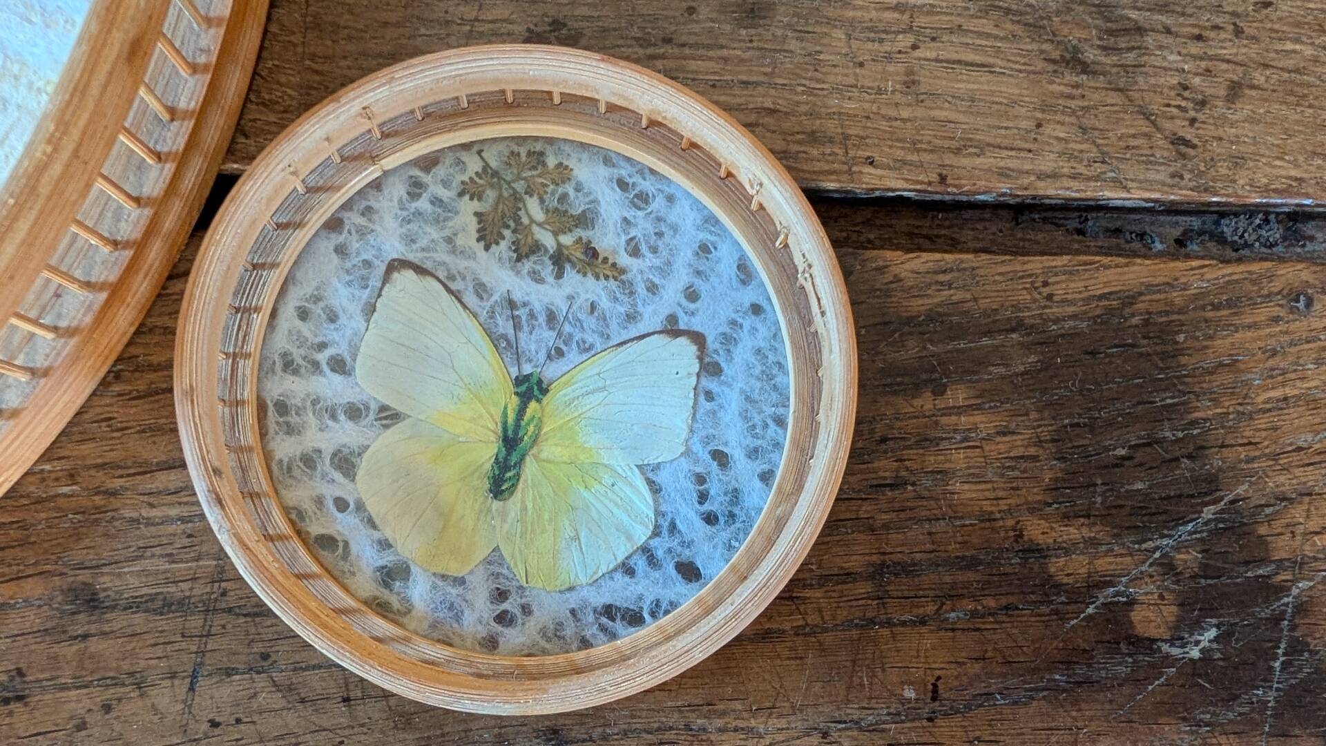 Vintage bamboo tray + 6 butterfly coasters from the 70s