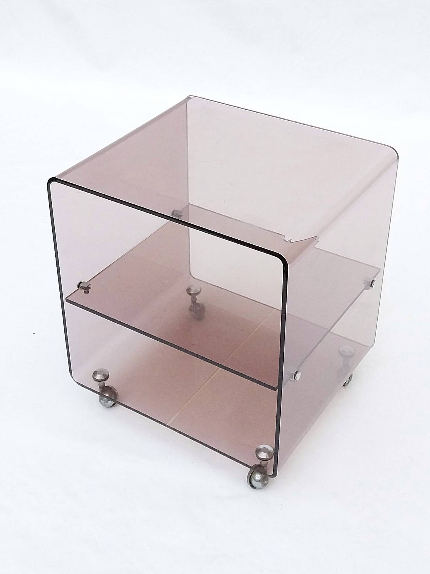 Michel Dumas smoked plexiglass rolling trolley for Roche Bobois 1970