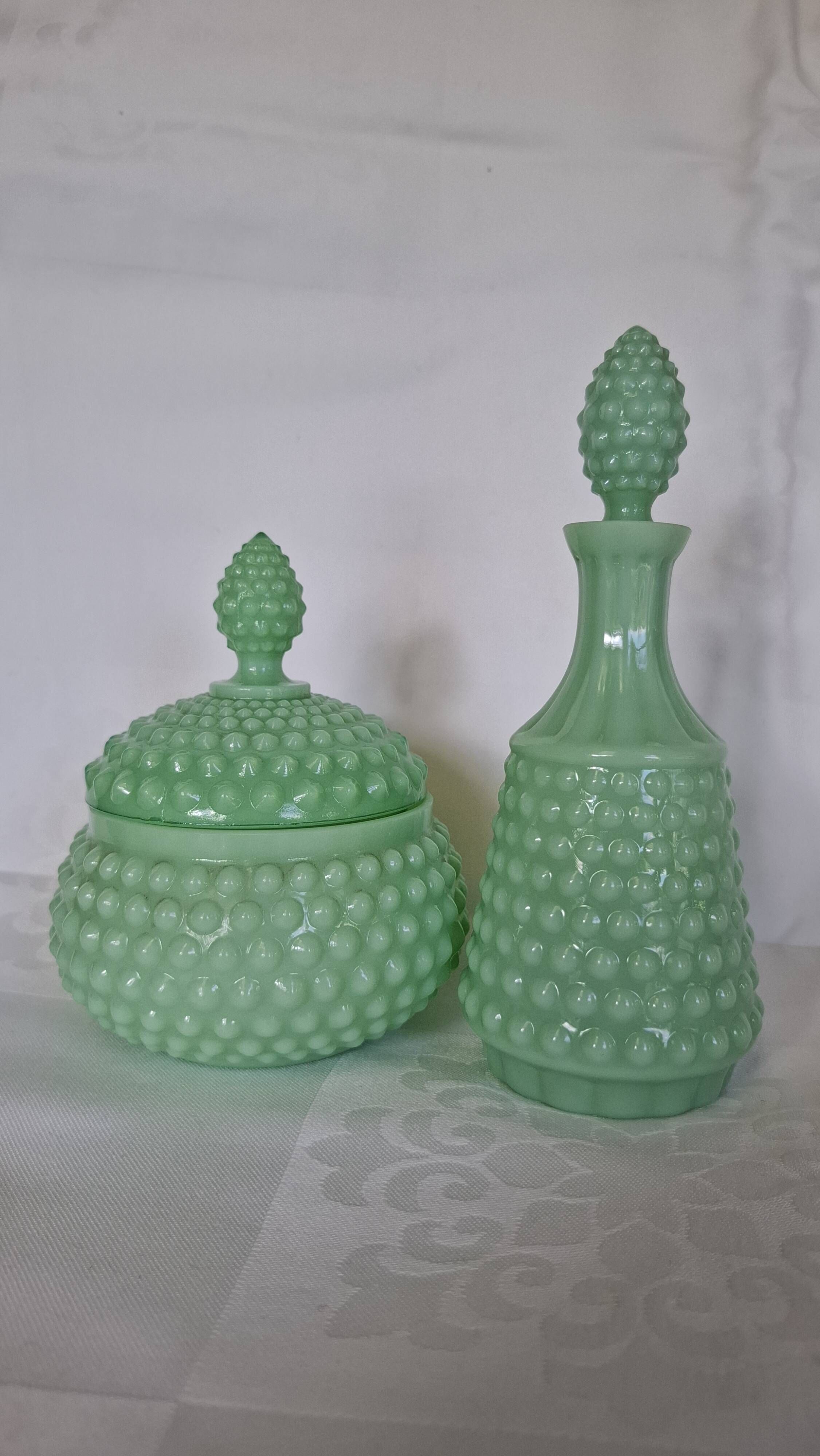 Mid-Century Mint Green Hobnail Vanity Set – Decanter Bottle & Covered Dish