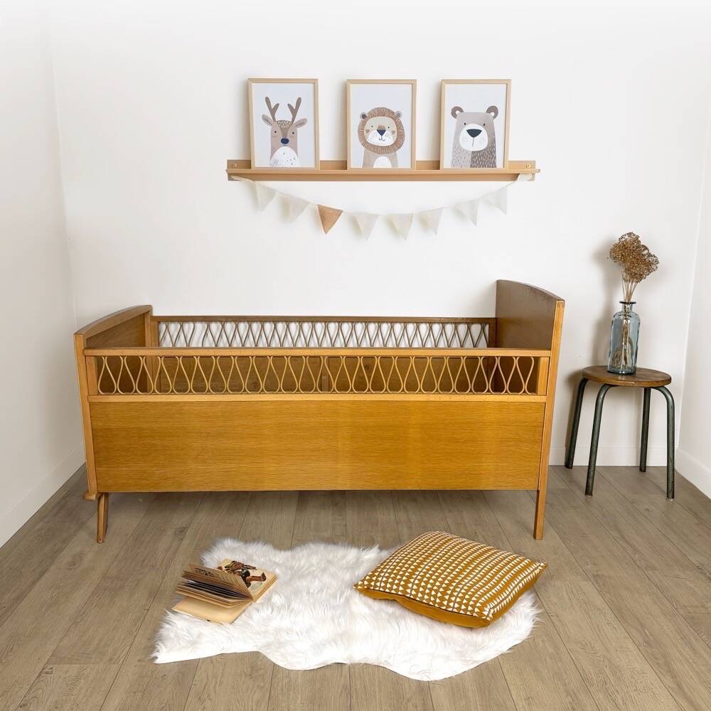 Bohemian wooden and rattan children's bed from the 60s