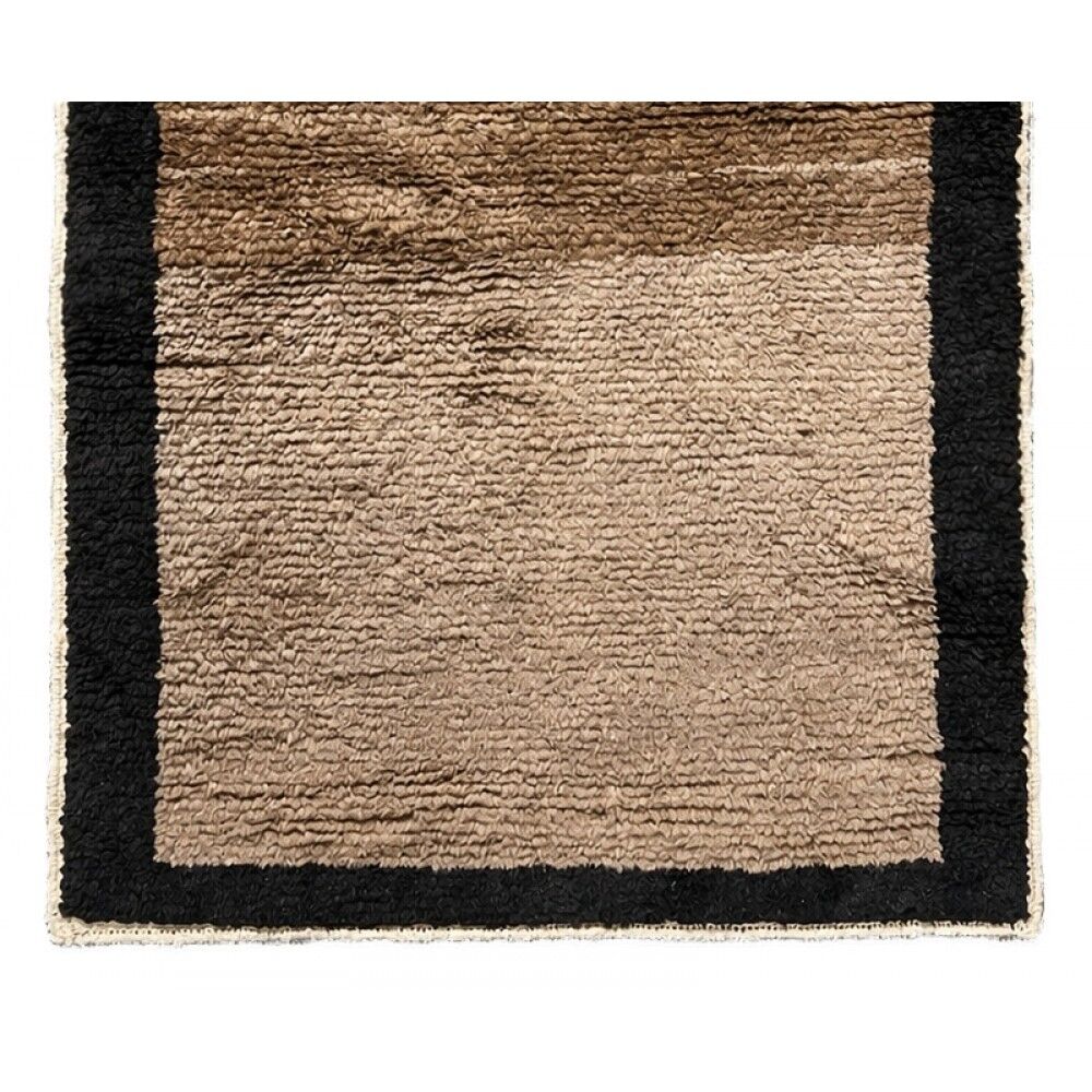 Hand-Knotted Turkish Tulu Rug. 100% Wool Minimalist Border Design. Beige, Brown & Black Colors. Custom Options Available