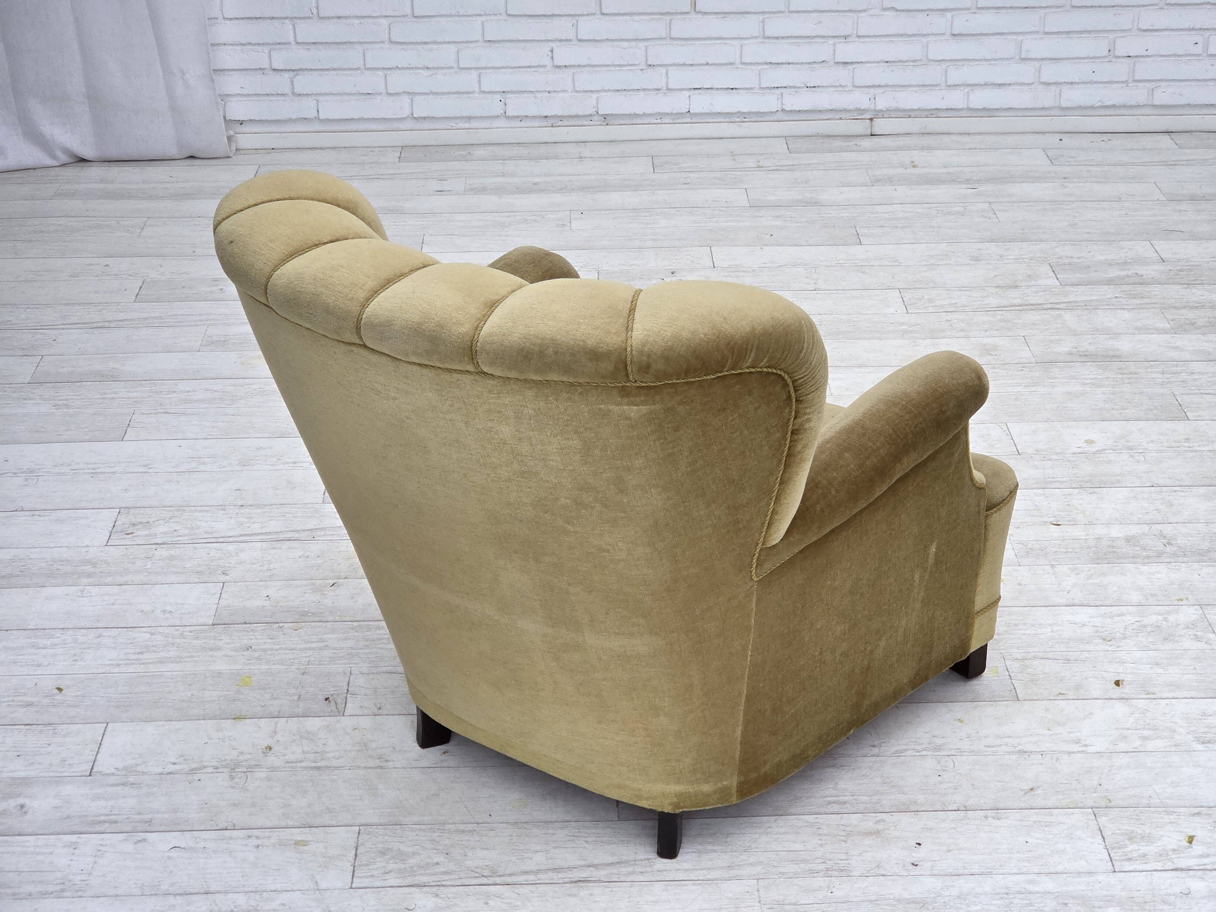 1960s, Danish armchair, green furniture velour, oak wood.